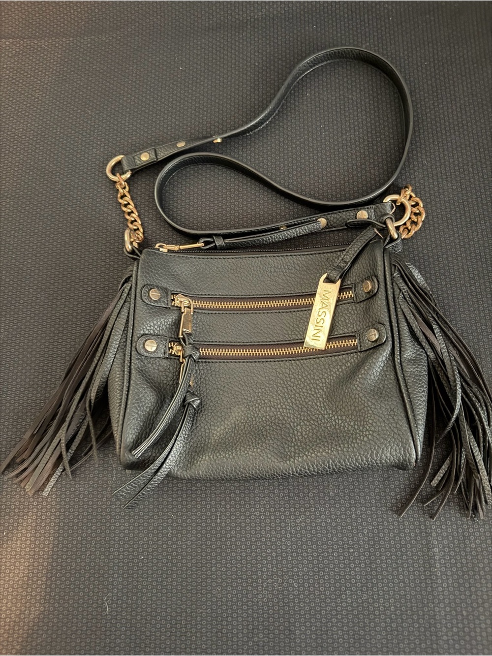 MASSINI Black Faux Leather Fringe Crossbody with Gold Accents